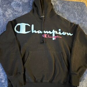 Champion Black Hoodie with Blue and Pink Logo